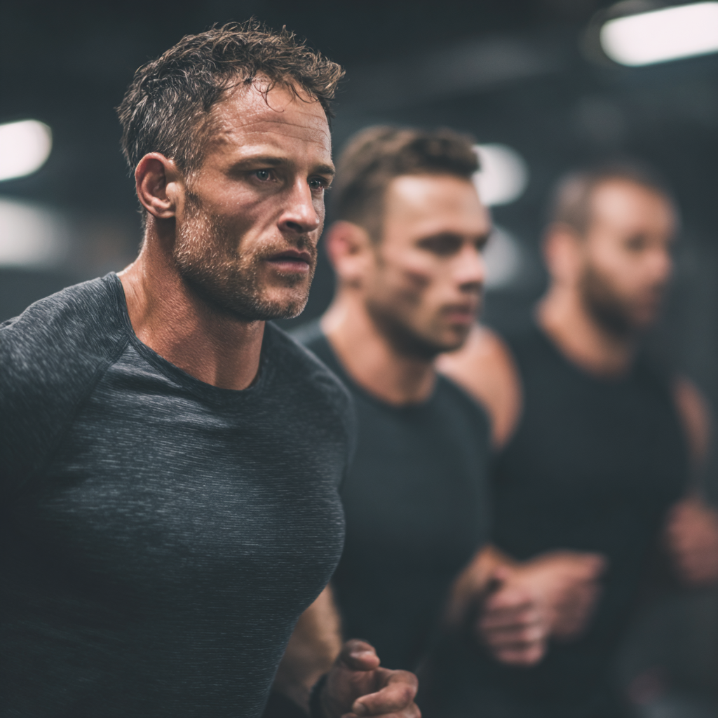 Motivated men working out together in team training session, showing camaraderie and shared commitment to fitness goals
