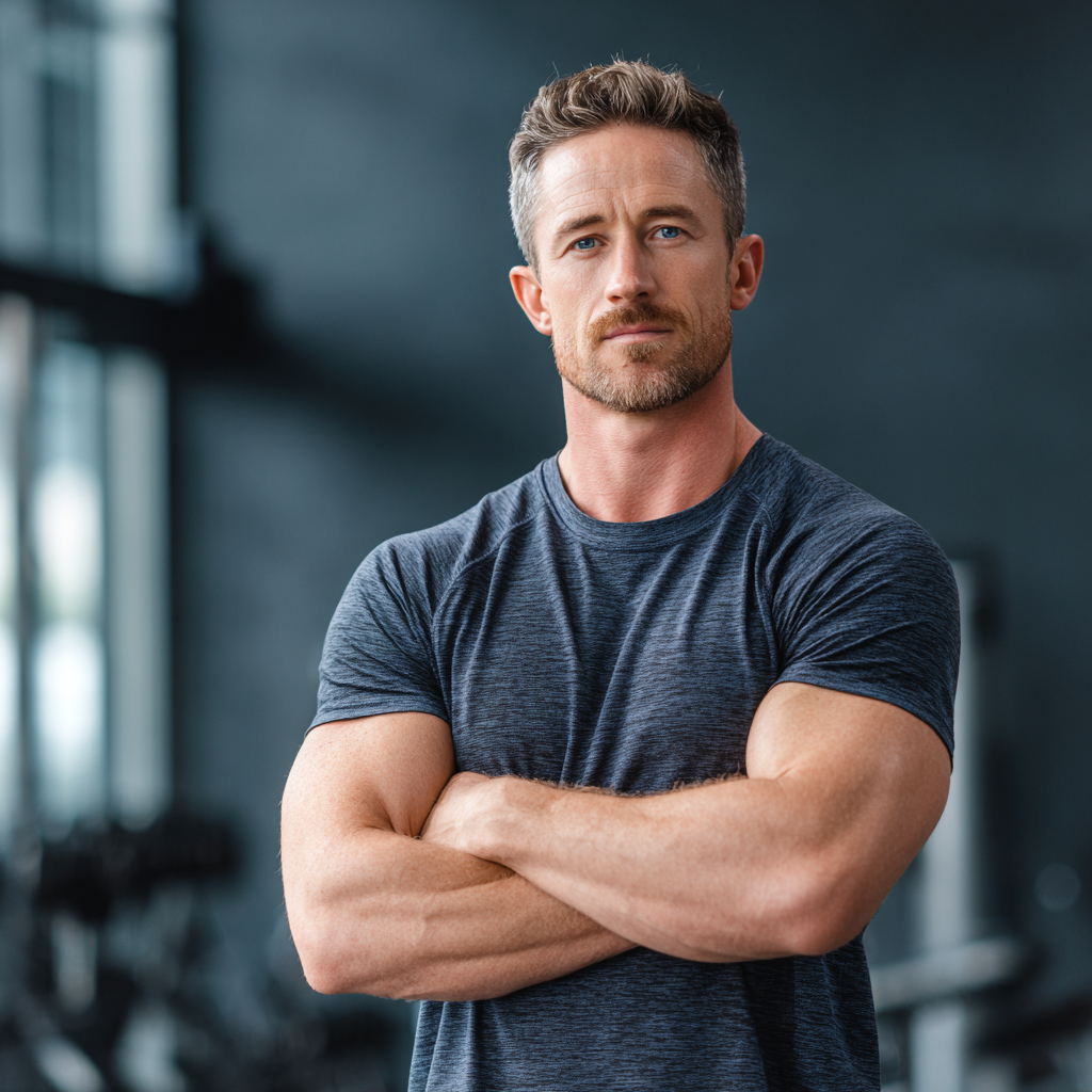 Strong confident man in athletic wear standing with arms crossed in modern gym environment, displaying determination and physical fitness